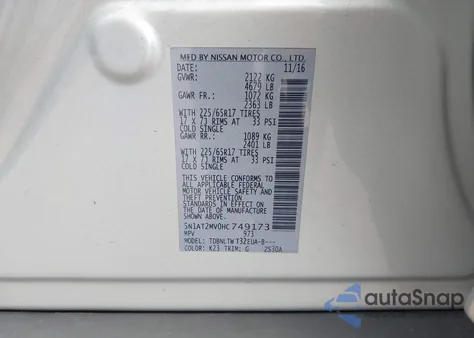 2017 Nissan Rogue Sv z USA, uszkodzony, nr VIN 5N1AT2MV0HC749173